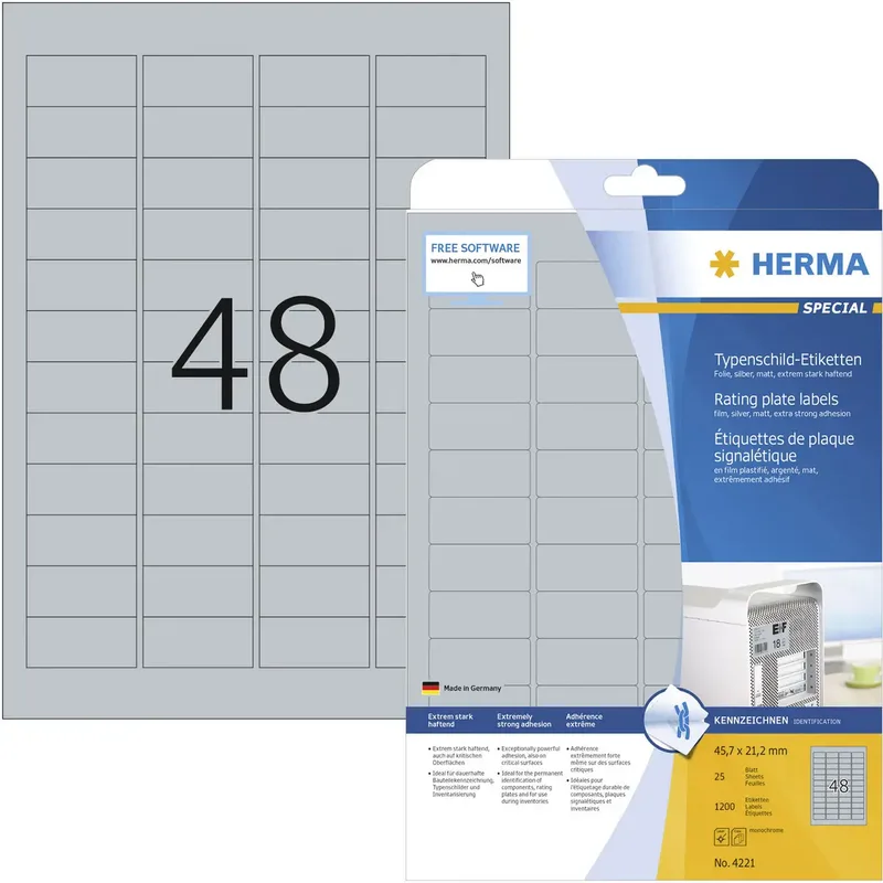Herma 4221 Typenschild-Etiketten 45.7 x 21.2 mm Polyester-Folie Silber 1200 St. Permanent haftend Laserdrucker, Kopierer, Handbeschriftung van Herma – productfoto