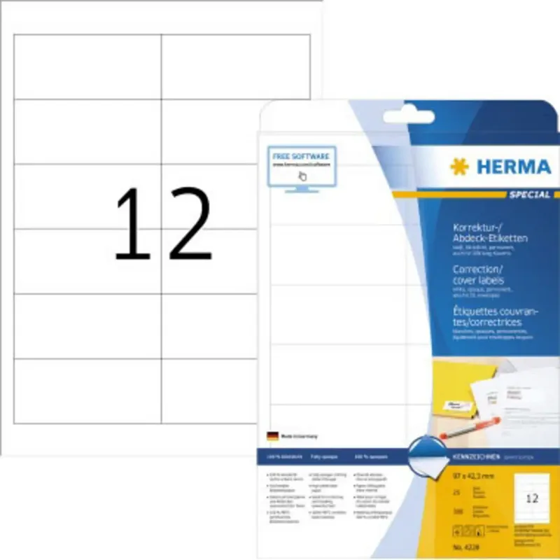 Herma 4228 Korrektur-Etiketten 97 x 42.3 mm Papier, matt Weiß 300 St. Permanent haftend Laserdrucker, Kopierer, Farblaserdrucker, Farbkopierer fra Herma – produktbillede