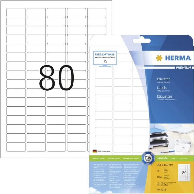 Herma 4336 Universal-Etiketten 35.6 x 16.9 mm Papier Weiß 2000 St. Permanent haftend Tintenstrahldrucker, Laserdrucker, Farblaserdrucker, Kopierer