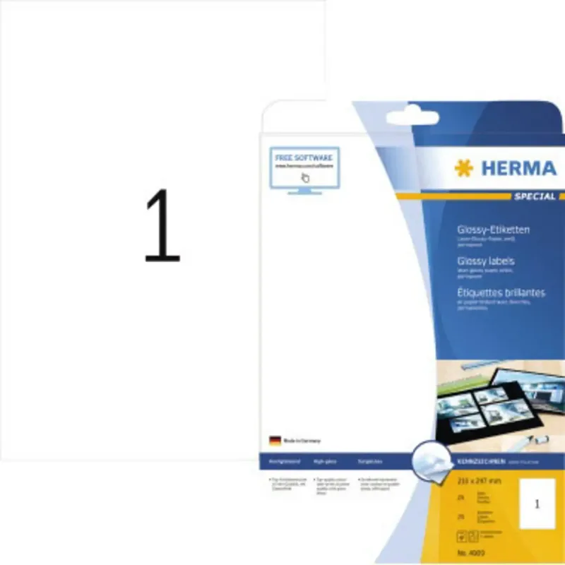 Herma 4909 Universal-Etiketten 210 x 297 mm Papier, glänzend Weiß 25 St. Permanent haftend Laserdrucker, Kopierer, Farblaserdrucker, Farbkopierer by Herma – product photo