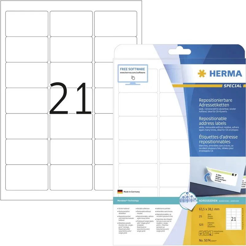 Herma 5074 Adress-Etiketten 63.5 x 38.1 mm Papier Weiß 525 St. Wiederablösbar Tintenstrahldrucker, Laserdrucker, Farblaserdrucker, Kopierer, Farbkopierer von Herma – Produktfoto