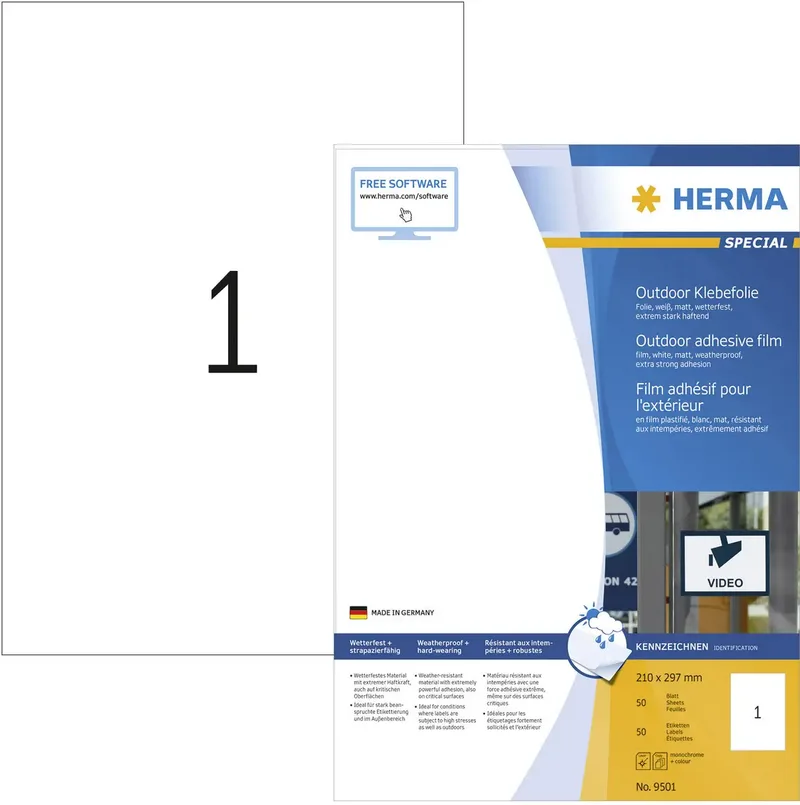 Herma 9501 Folien-Etiketten 210 x 297 mm Polyethylenfolie Weiß 50 St. Permanent haftend Farblaserdrucker, Laserdrucker, Farbkopierer, Kopierer, Handbeschriftung by Herma – product photo