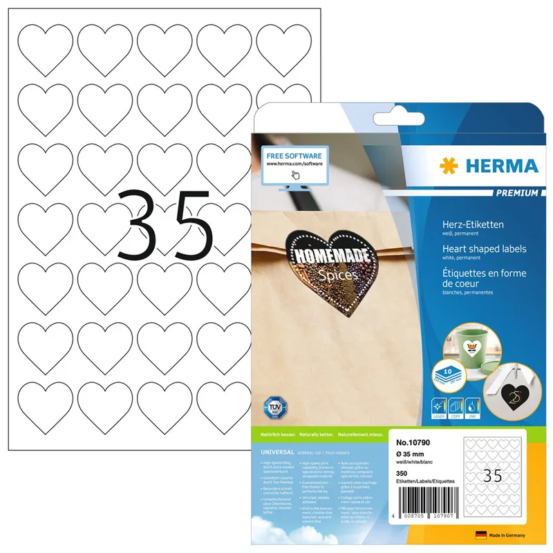 Herz-Etiketten, Durchmesser: 35 mm, weiß von Herma – Produktfoto