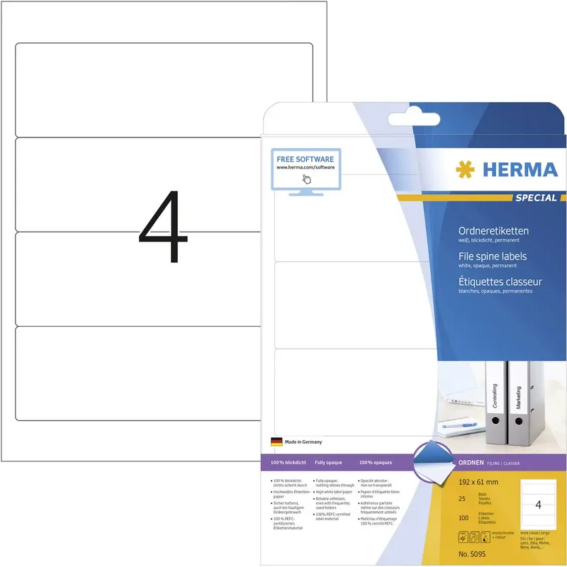 Ordner-Etiketten 5095 61 x 192 mm Papier Weiß Permanent haftend 100 St. von Herma – Produktfoto