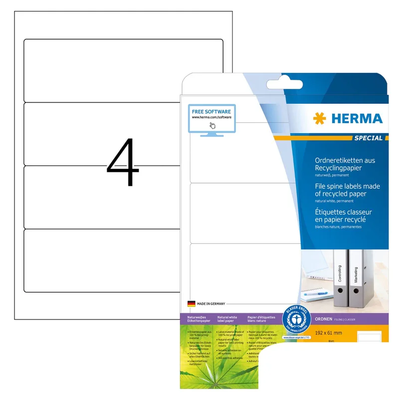 Ordneretiketten Recycling A4 20 Blatt 192x61 von Herma – Produktfoto