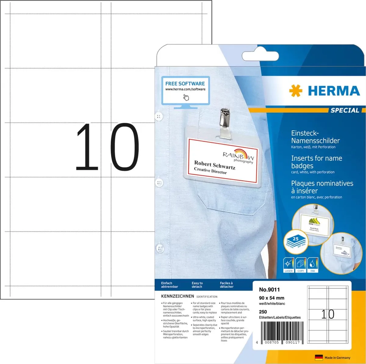 printeretiketten Inserts for name badges A4 90x54 mm white cardboard perforated non-adhesive 250 pcs. van Herma in Wit – productfoto
