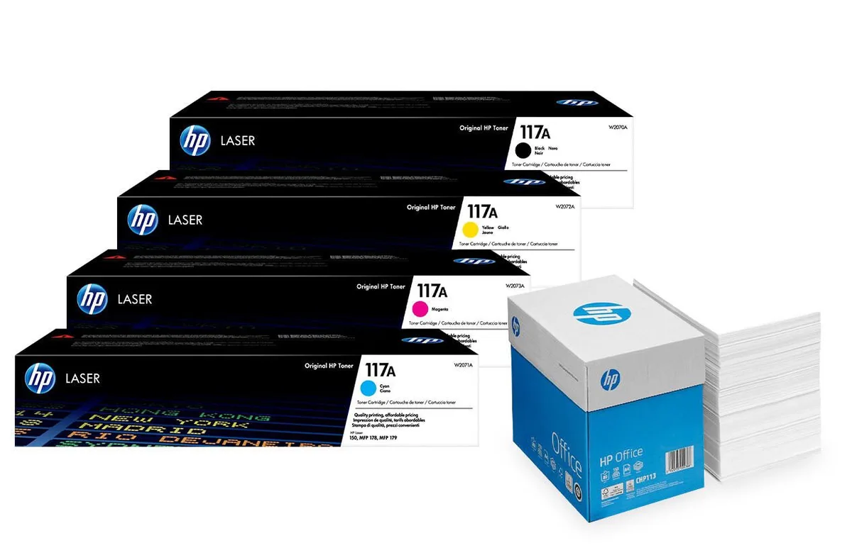 Bundle mit HP Original 117A Toner 4er Multipack + 2.500 Blatt HP Kopierpapier hochweiß från HP – produktbild