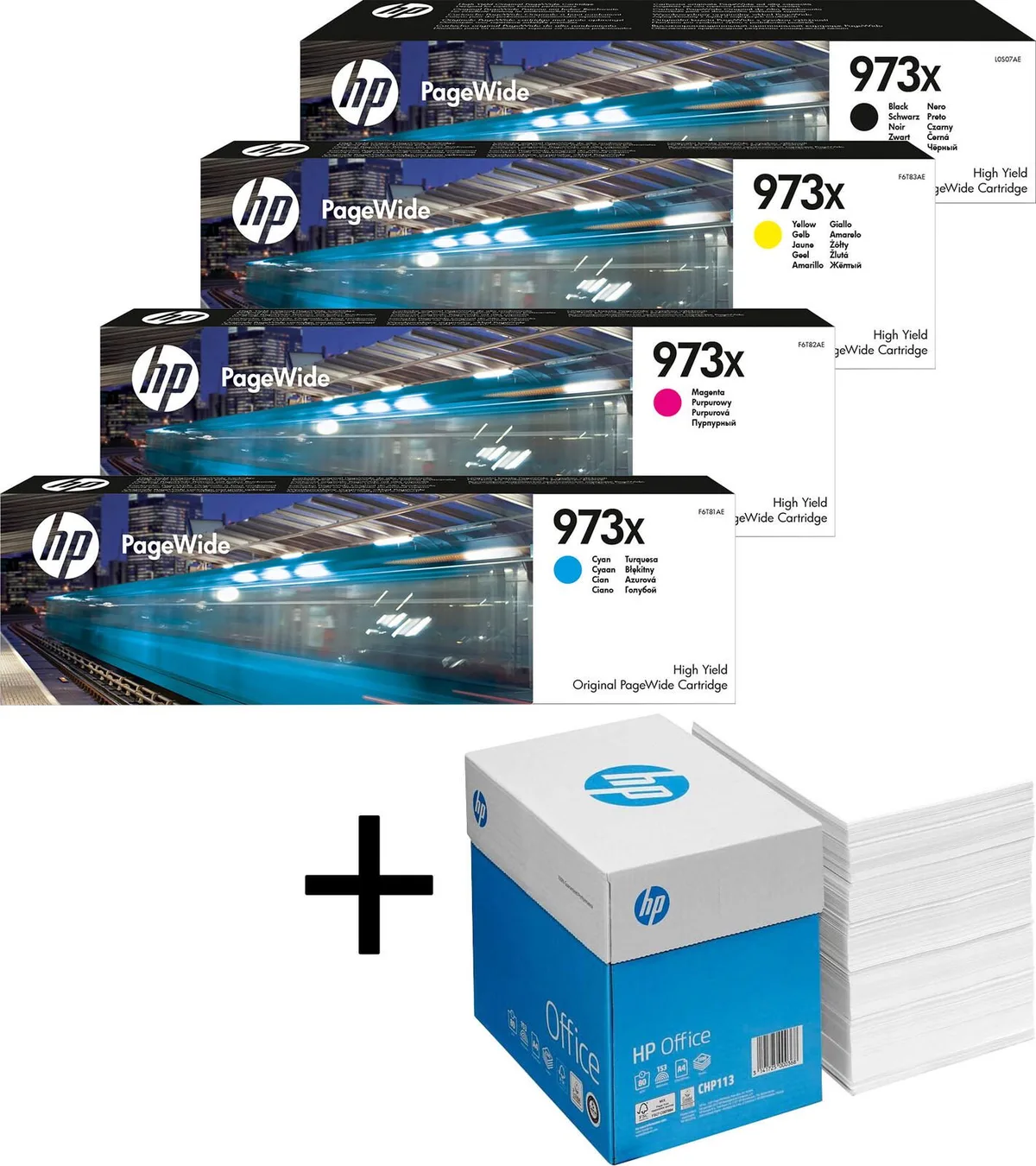 Bundle mit HP Original 973X Toner 4er Multipack + 2.500 Blatt HP Kopierpapier hochweiß från HP – produktbild