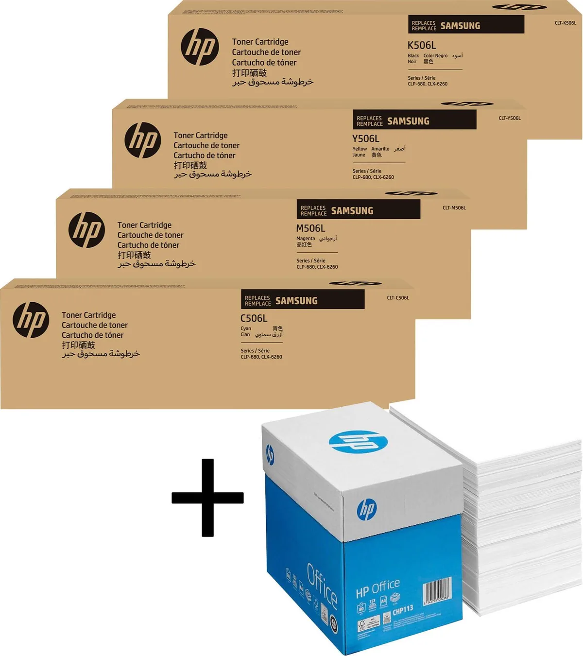 Bundle mit HP Original CLT-506L Toner 4er Multipack + 2.500 Blatt HP Kopierpapier hochweiß fra HP – produktbillede
