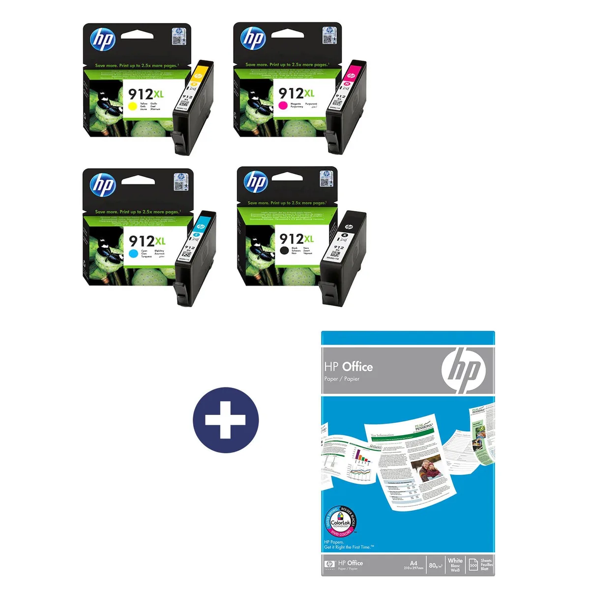 Druckerpatronen Bundle mit HP Original 912XL Multipack + 500 Blatt HP Kopierpapier fra HP – produktbillede
