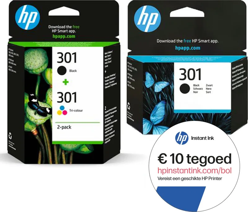 HP 301 - Inktcartridge - Origineel - Standaard capaciteit - Kleur & 2x Zwart - 3-pack + Instant Ink tegoed de HP en Noir – photo produit
