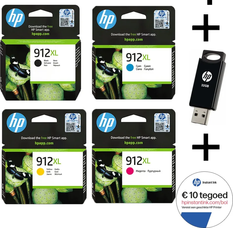 HP 912 XL - Inktcartridges - Origineel - Hoge capaciteit - Multi Bundel - Met Gratis 32 GB USB Stick & Instant Ink tegoed von HP in Schwarz – Produktfoto