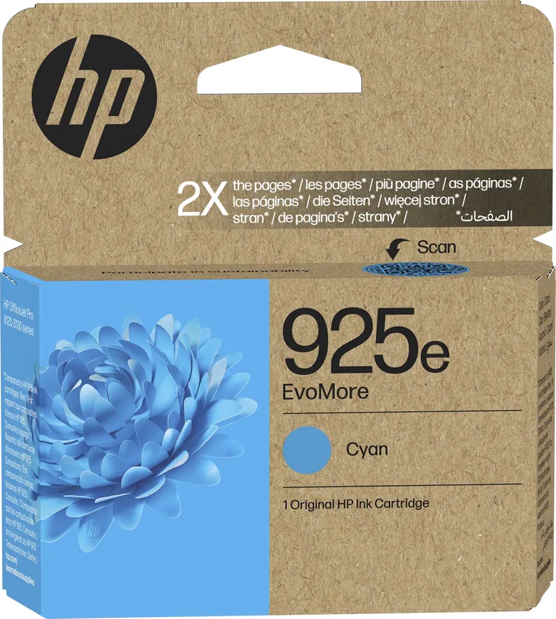 inktcartridge 925e, 800 pagina's, OEM 4K0W0PE, cyaan by HP – product photo