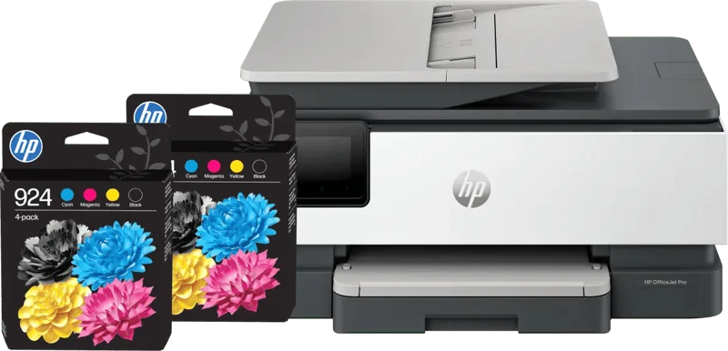 OfficeJet Pro 8124e + 2 zwarte + 2 kleuren cartridges fra HP – produktbillede