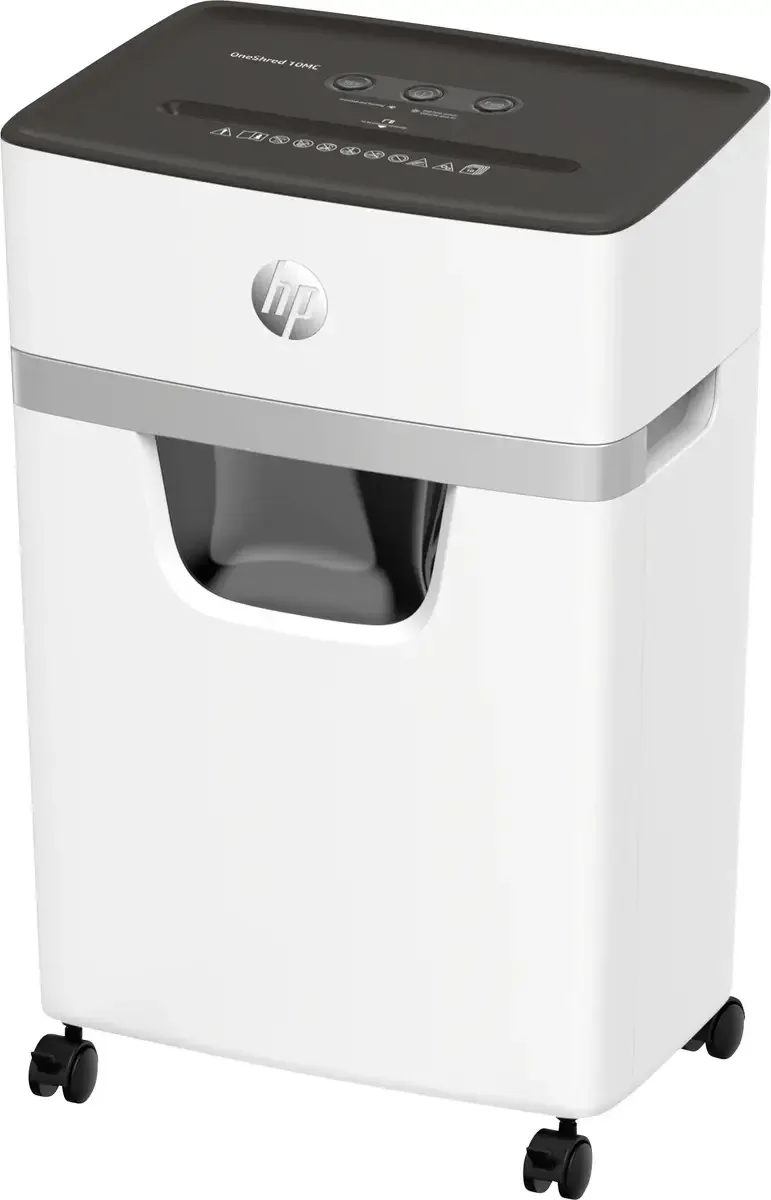 OneShred 10MC Aktenvernichter 10 Blatt Partikelschnitt 2 x 15 mm P-5 20 l Vernichtet auch Büroklammern, Kreditkarten, Heftklammern by HP – product photo