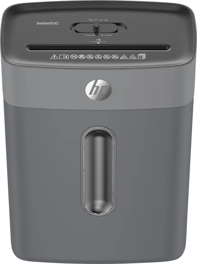 OneShred 815CC Aktenvernichter 8 Blatt Partikelschnitt P-4 15 l Vernichtet auch Büroklammern, Heftklammern, Kreditkarte by HP – product photo
