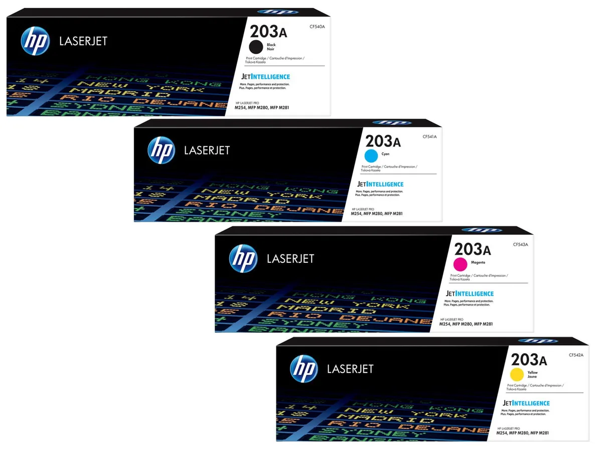 Original 203A Toner - 5er Multipack (2x CF540A, CF541A, CF543A, CF542A) fra HP – produktbillede