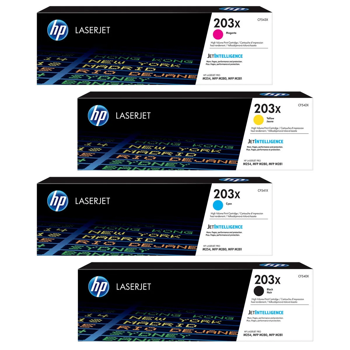 Original 203X Toner - 4er Multipack (CF540X, CF543X, CF541X, CF542X) fra HP – produktbillede