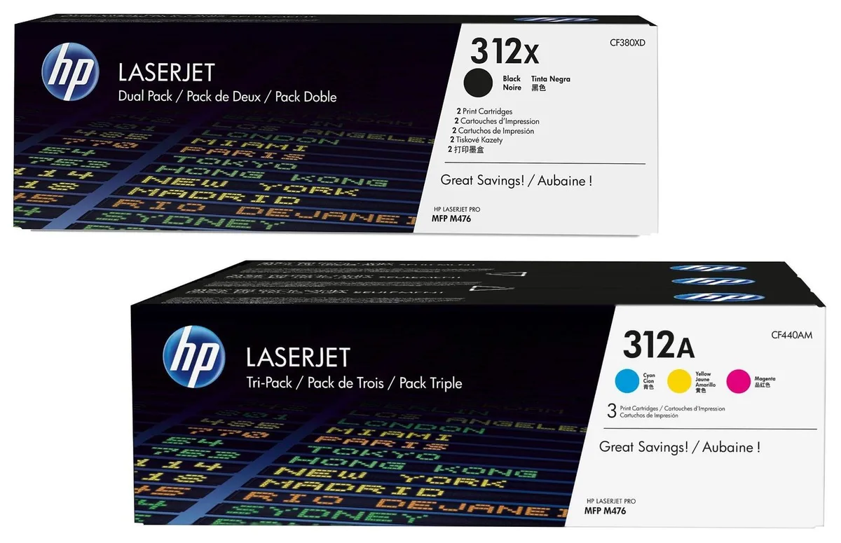 Original 312X / 312A Toner 5er Set - schwarz (2) hohe Kapazität, cyan, magenta, gelb, (Doppelpack CF380XD fra HP – produktbillede