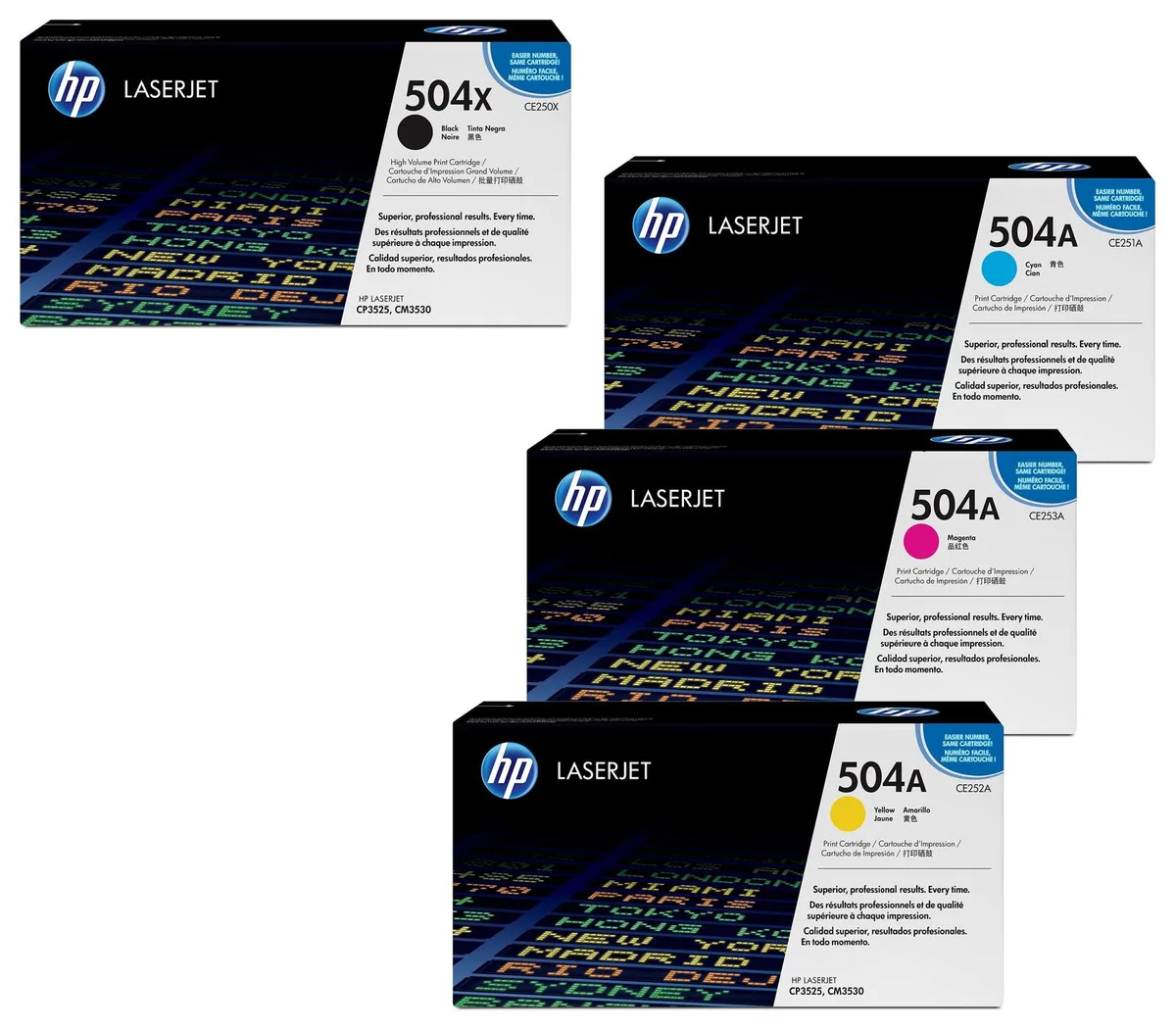 Original 504A Toner 4er Set schwarz XL, cyan, magenta, gelb från HP – produktbild