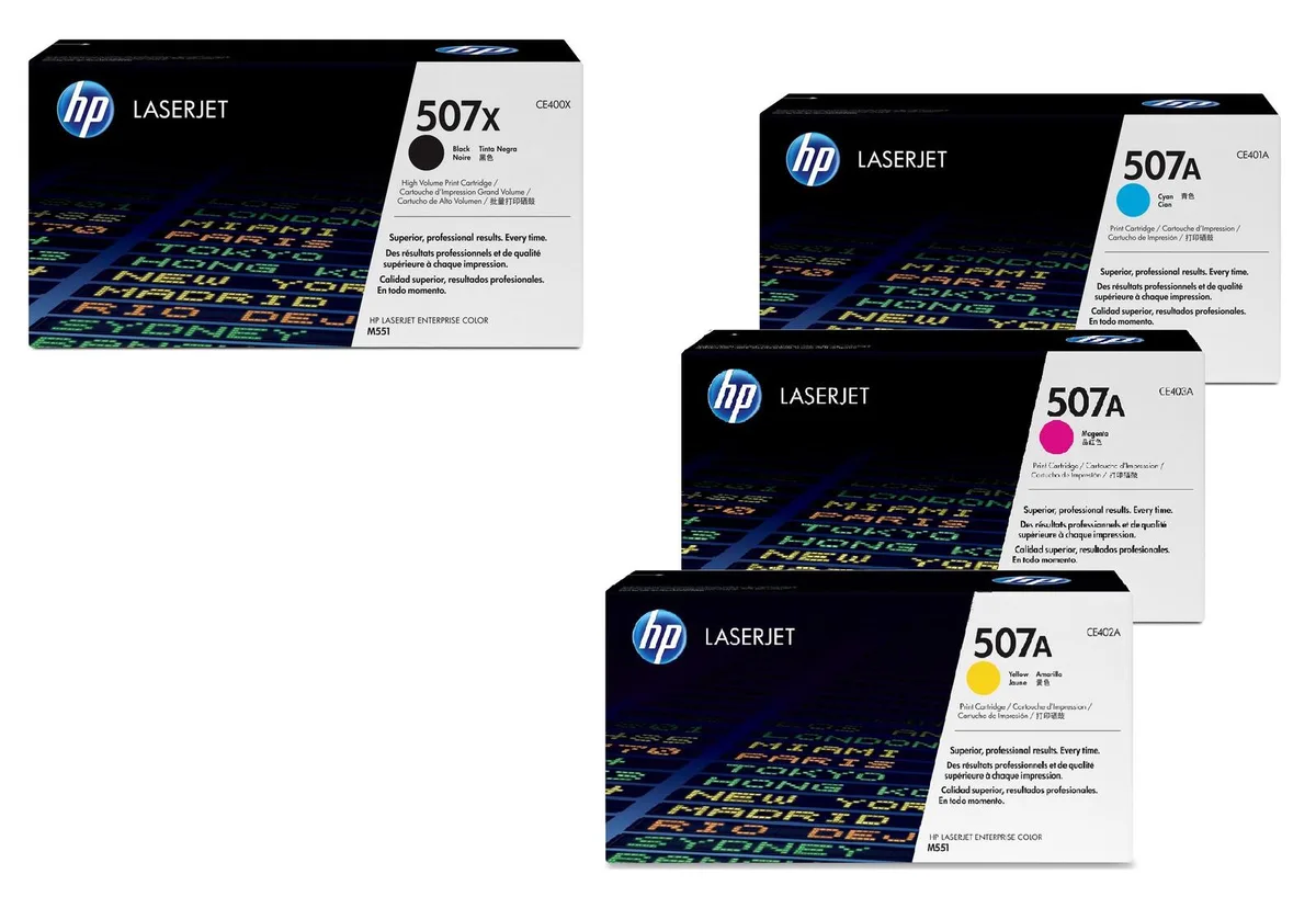 Original 507A/ 507X Toner 4er Set schwarz hohe Kapazität, cyan, magenta, gelb van HP – productfoto