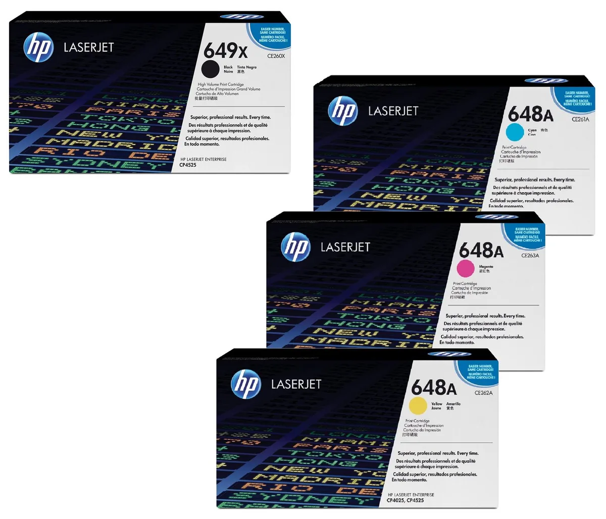 Original 649X/ 648A Toner 4er Set schwarz hohe Kapazität, cyan, magenta, gelb från HP – produktbild