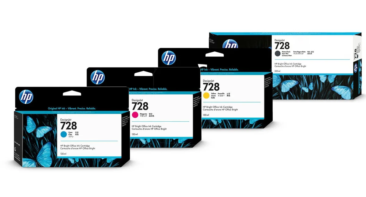 Original 728 Druckerpatronen - 4er Multipack (F9J67A, F9J66A, F9J65A, F9J68A) från HP – produktbild