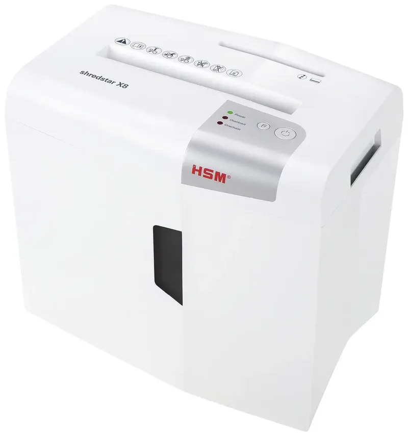shredstar X8 Aktenvernichter 8 Blatt Partikelschnitt 4.5 x 30 mm P-4 18 l Vernichtet auch Büroklammern, CDs, DVDs, Heftklammern, Kreditkarten de HSM – photo produit