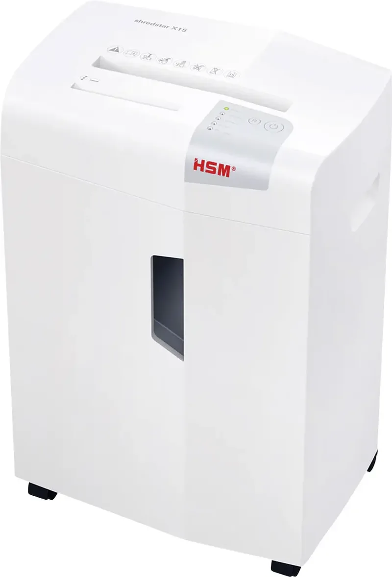 X15 Aktenvernichter 15 Blatt Partikelschnitt 4 x 37 mm P-4 30 l Vernichtet auch Büroklammern, CDs, Kreditkarten van HSM – productfoto