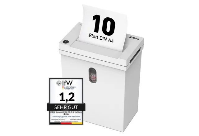 Aktenvernichter IDEAL SHREDCAT 8100 CC, 5 x 30 mm Partikelschnitt, Sicherheitsstufe P-4, bis 12 Blatt, 20 l Auffangvolumen, DSGVO-konform