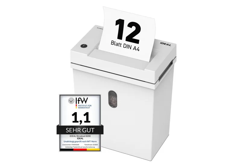 Aktenvernichter IDEAL SHREDCAT 8200 CC, 2 x 12 mm Partikelschnitt, Sicherheitsstufe P-5, bis 12 Blatt, 21 l Auffangvolumen, DSGVO-konform fra IDEAL – produktbillede