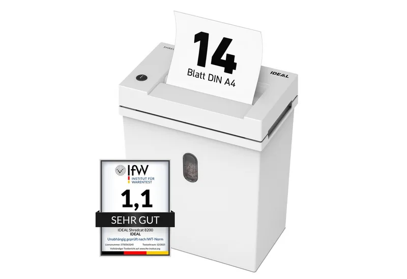 Aktenvernichter IDEAL Shredcat 8200 CC, 4 x 40 mm Partikelschnitt, Sicherheitsstufe P-4, bis 14 Blatt, 21 l Auffangvolumen, DSGVO-konform van IDEAL in Wit – productfoto
