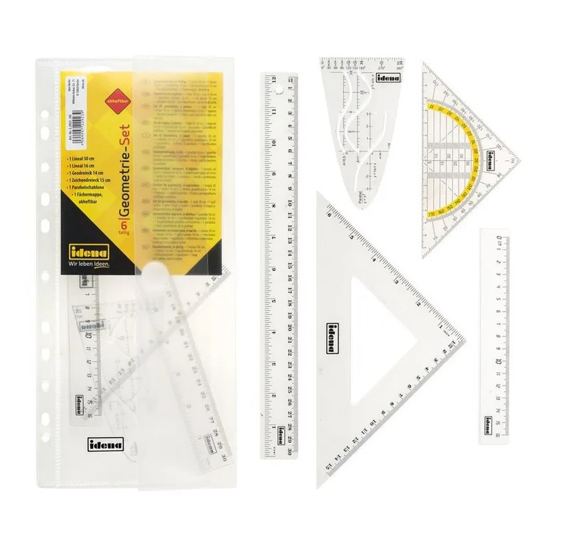 Geodreieck Geometrie-Set, 6-teilig, 2 Lineale, Zeichendreieck, Parabel, Geodreieck und abheftbare Mappe by Idena in White – product photo