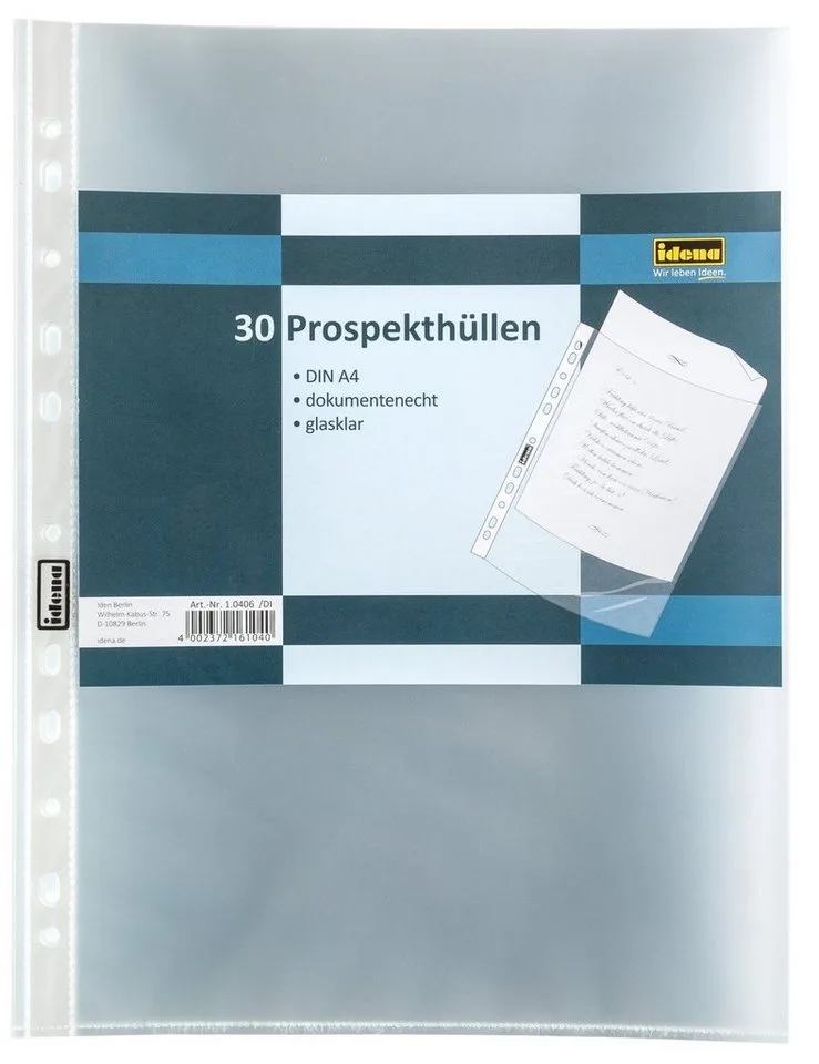 Prospekthülle Idena 10406 - Prospekthülle DIN A4 Format, glasklar, 80µ, 30 Stück von Idena in Weiß – Produktfoto