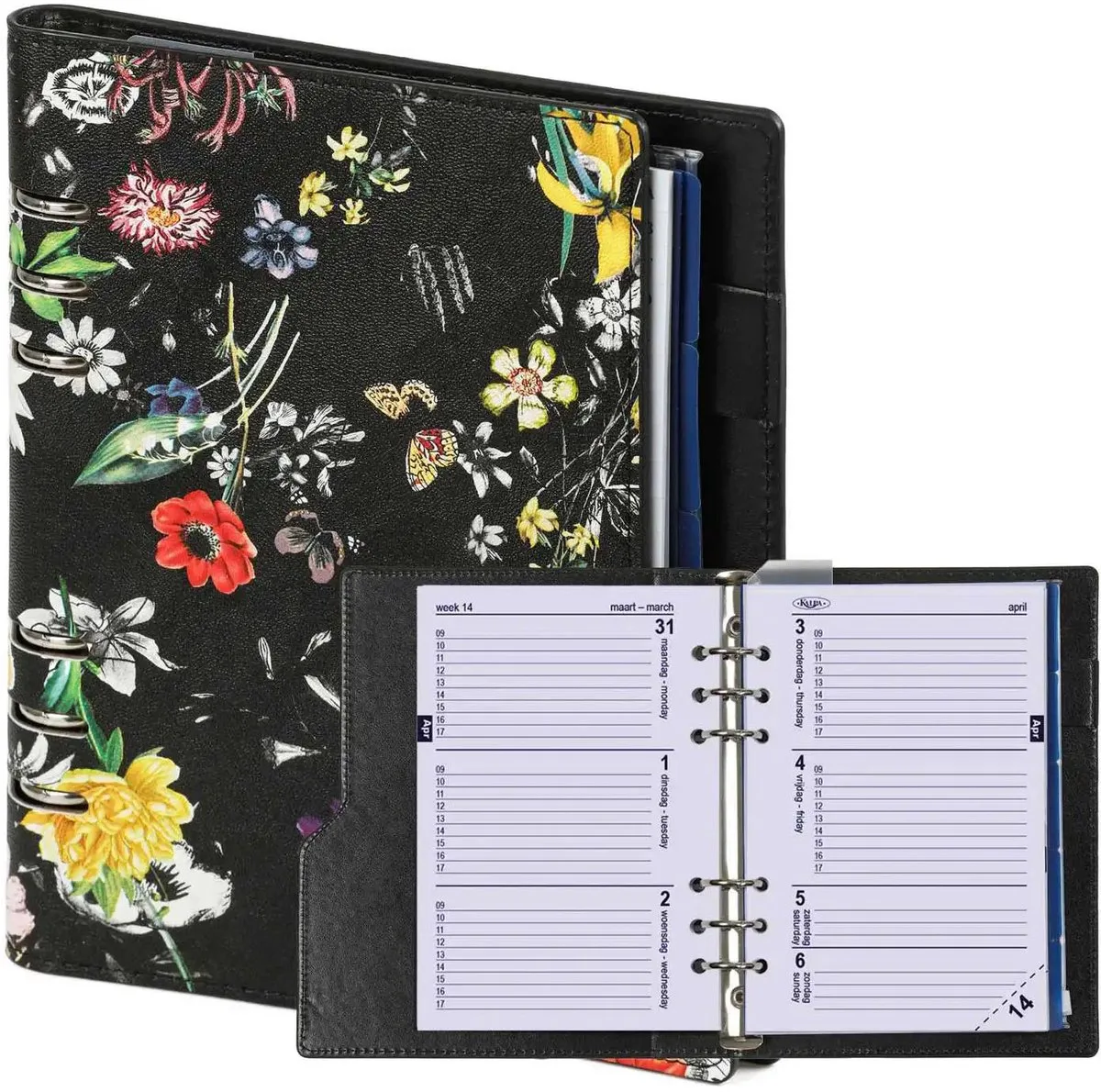 1016-12 hervulbare A5 Ringband Organizer Zee van bloemen zwart 1 week per 2 paginas 2026-2027-2028 fra Kalpa i Bloemenzee Zwart Compact – produktbillede