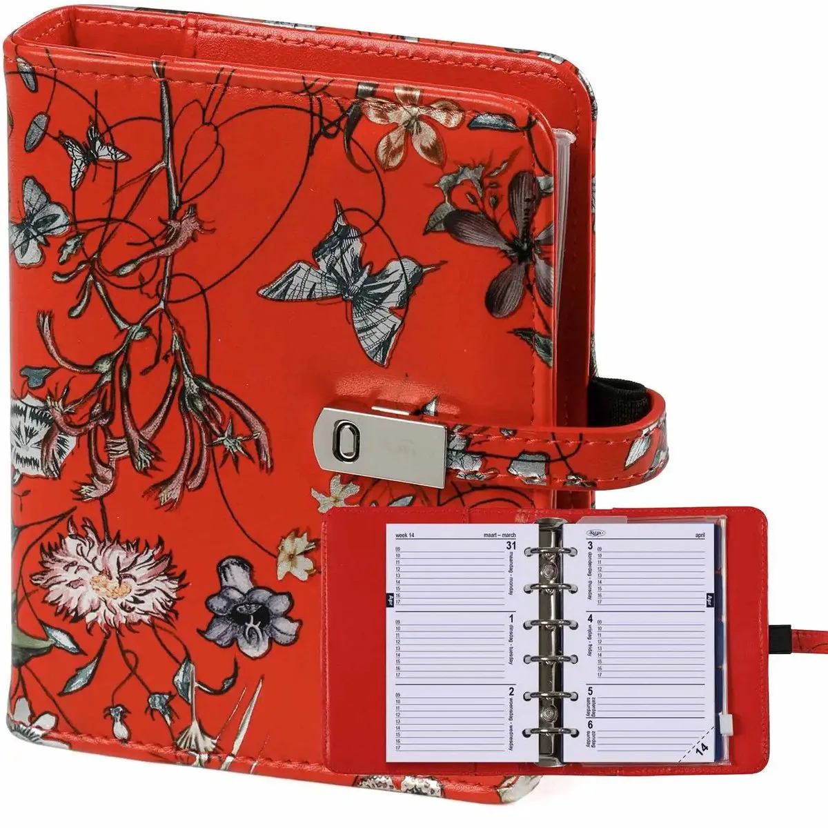 1311-04 hervulbare Pocket 6 Ringband Planner Zee van Bloemen Rood 1 week per 2 paginas 2026-2027-2028 fra Kalpa i Bloemenzee Rood – produktbillede