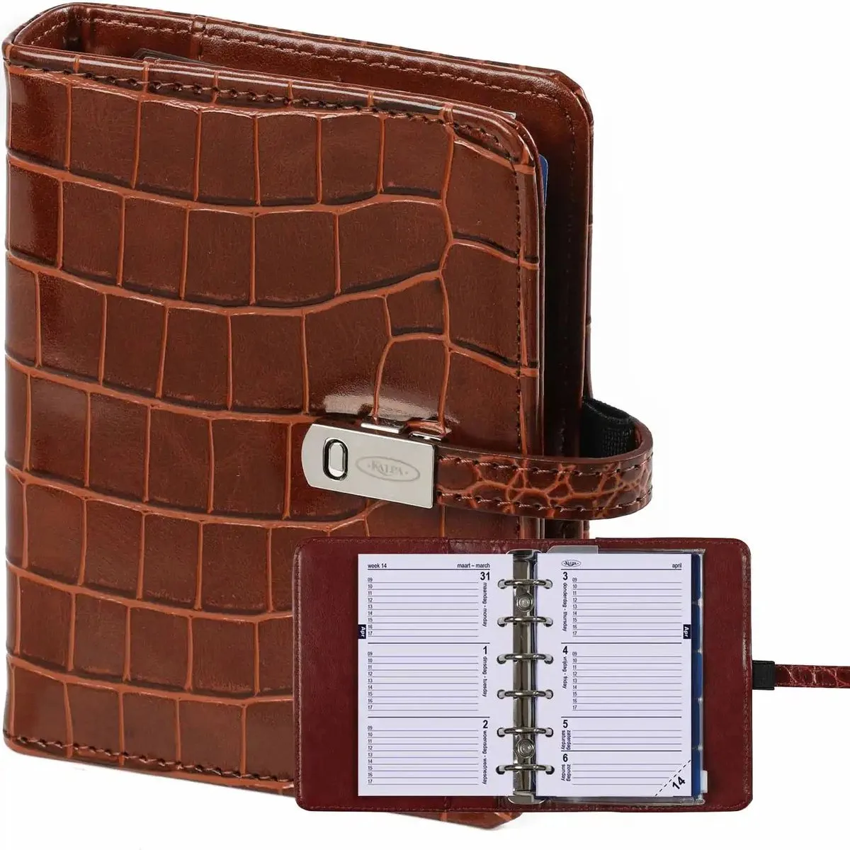 1311-10 hervulbare Pocket Ringband Planner 1 week per 2 paginas 2026-2027-2028 fra Kalpa i Croco Cognac – produktbillede