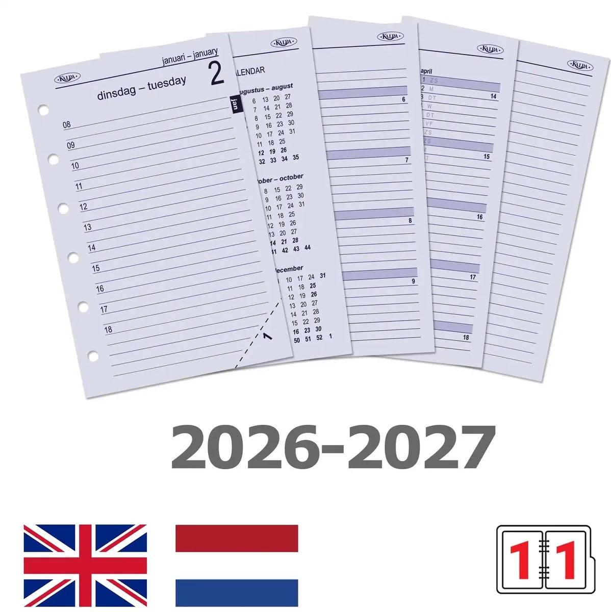 Kalpa 6231-26-27 125 x 80 mm Pocket 6 Ringband Vulling 1 Dag per Pagina NL EN 2026 2027 fra Kalpa i Hvid – produktbillede