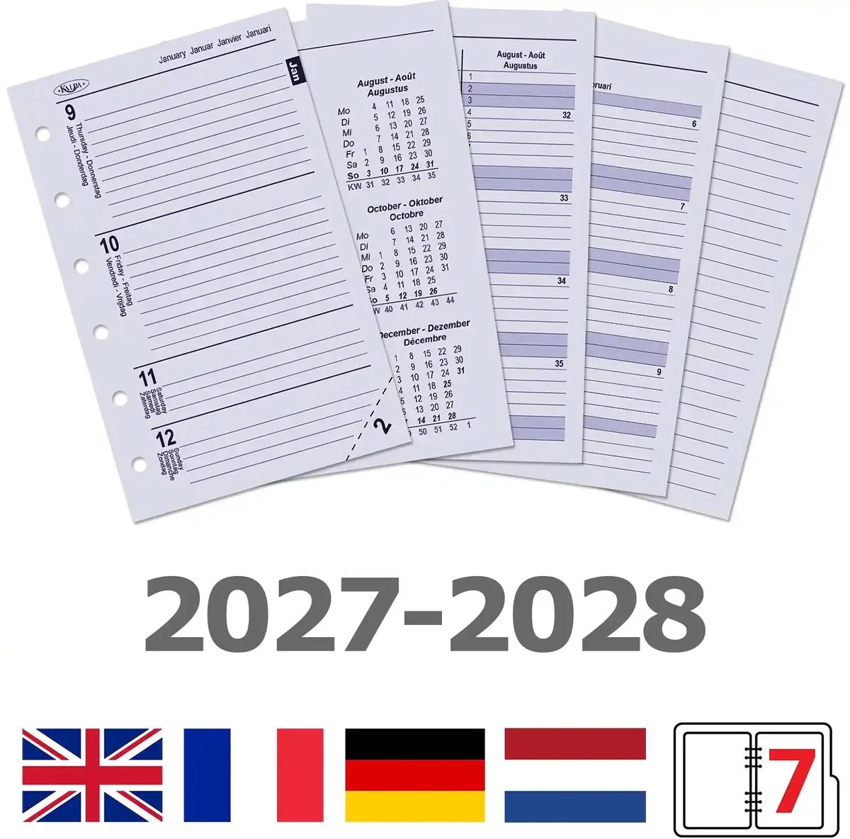 Kalpa 6236-27-28 125 x 80 mm Pocket 6 Ringband Inzetstukken 1 Week per 2 Paginas EN DE FR 2027 2028 fra Kalpa i Hvid – produktbillede
