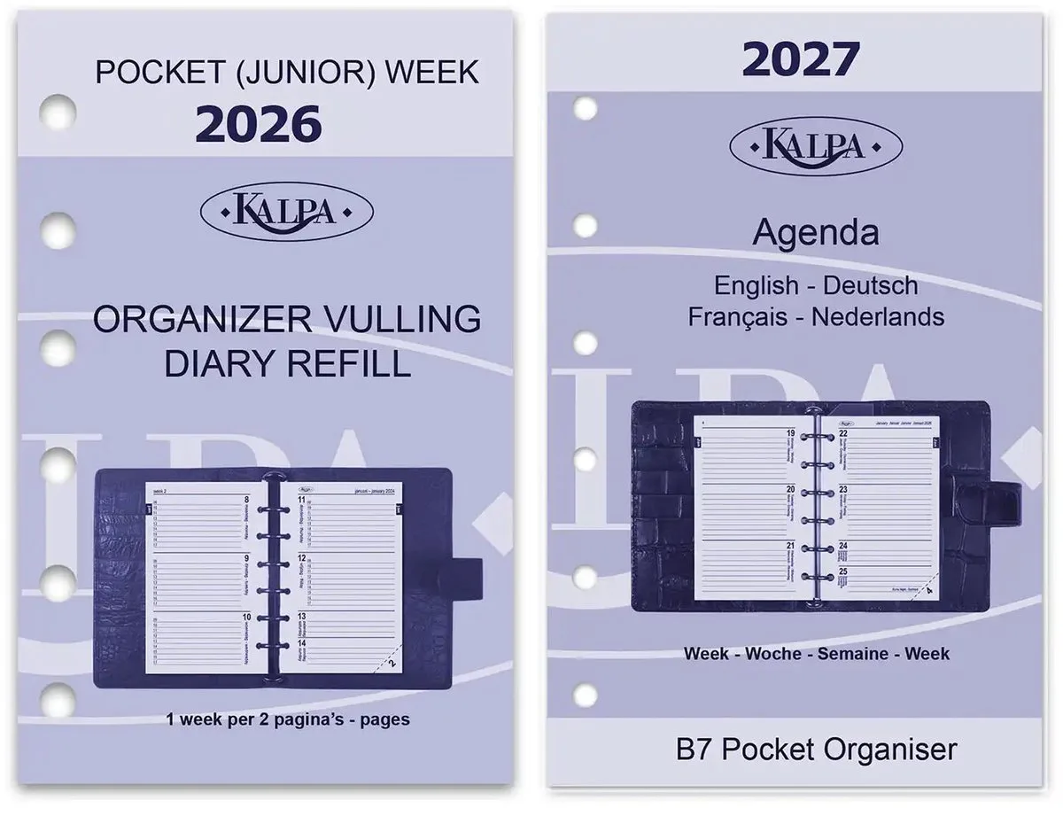 Kalpa 6237-26-27 125 x 80 mm Pocket 6 Ring Agenda Planner-inzetstukken 1 Week per 2 Paginas NL EN 2026 2027 by Kalpa in White – product photo