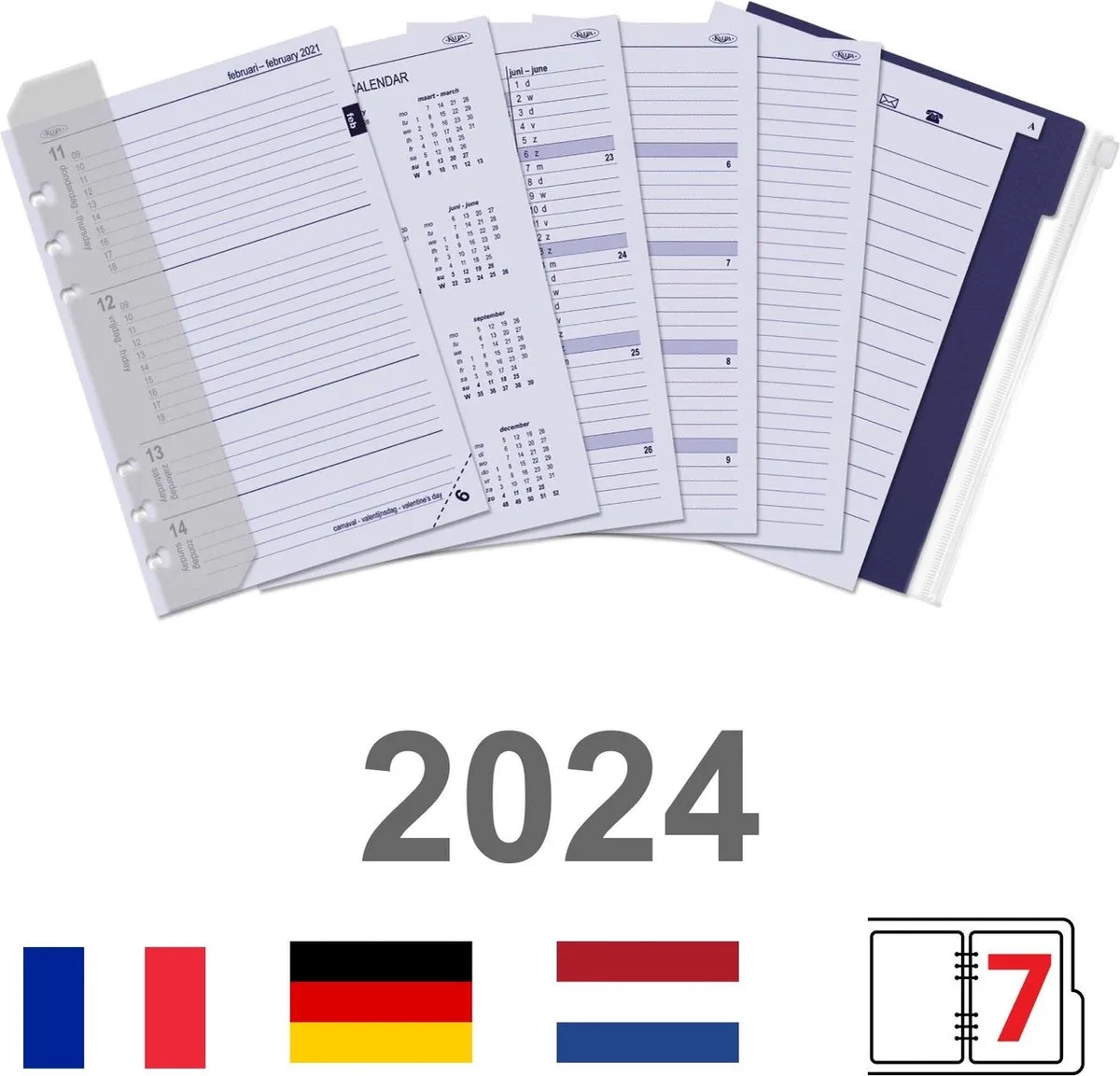 Kalpa 6305-24 A5 6 ringband Agenda Vulling - complete set- 1 Week per 2 Pagina's DE FR NL 2024 by Kalpa in White – product photo