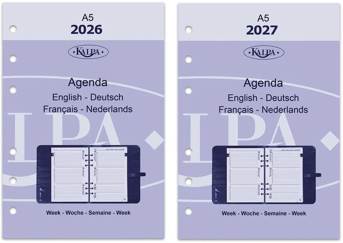 Kalpa 6306-26-27 210 x 144 mm A5 6 Ring Agenda Planner-inzetstukken 1 Week per 2 Paginas Jaardoos EN DE FR NL 2026 2027 fra Kalpa i Hvid – produktbillede