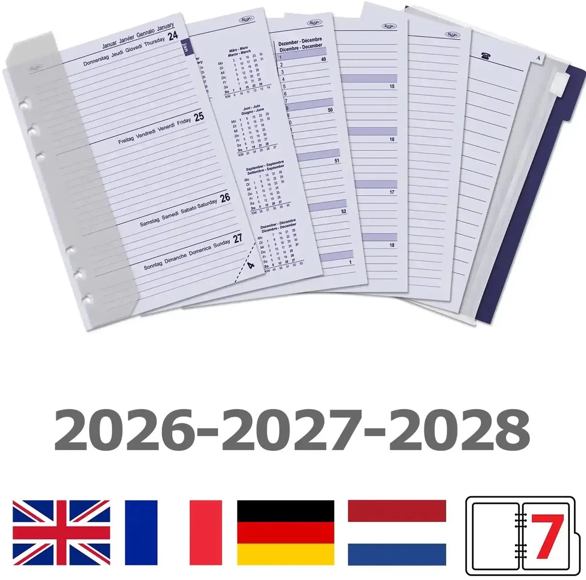Kalpa 6306-26-27-28 210 x 144 mm A5 6 Ringendagboek Vulling 1 Week per 2 Paginas Jaardoos EN DE FR NL 2026 2027 2028 by Kalpa in White – product photo