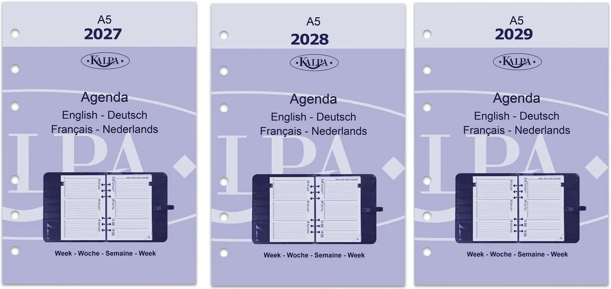 Kalpa 6306-27-28-29 A5-agendavulling 2027 2028 2029 – 1 week op 2 pagina's met extra's, EN/DE/FR/NL by Kalpa in White – product photo