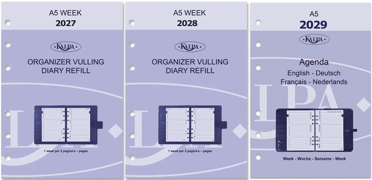 Kalpa 6307-27-28-29 A5-agendavulling 2027 2028 2029 – 1 week op 2 pagina's met extra's, NL/EN by Kalpa in White – product photo