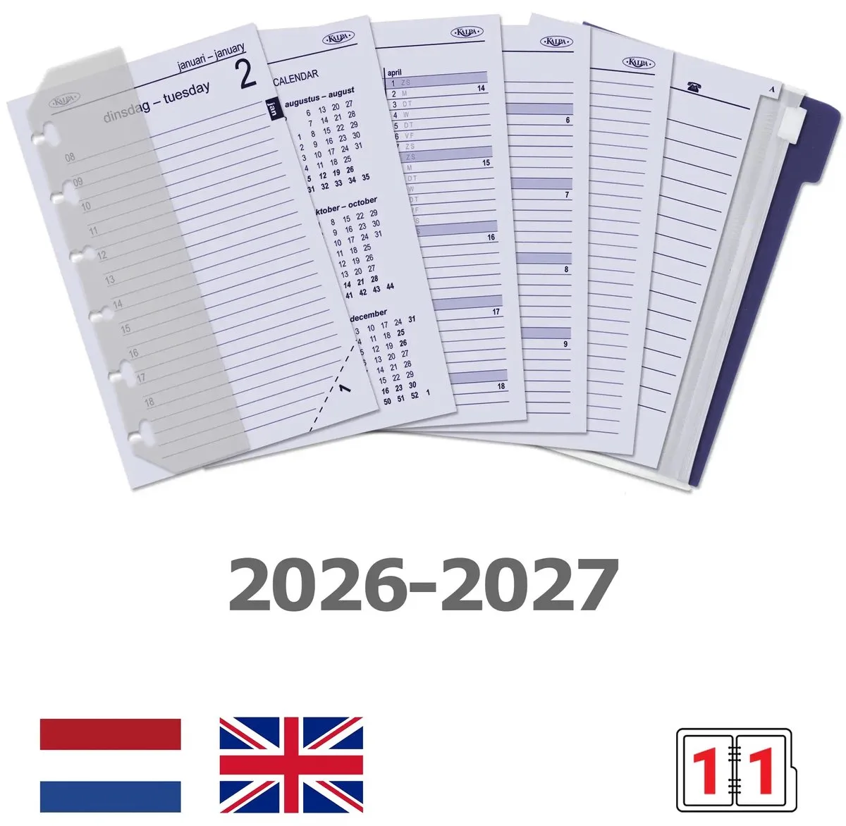 Kalpa 6331-26-27 125 x 80 mm Pocket Planner Organizer Vulling 1 Dag per Pagina Jaardoos EN NL 2026 2027 by Kalpa in White – product photo