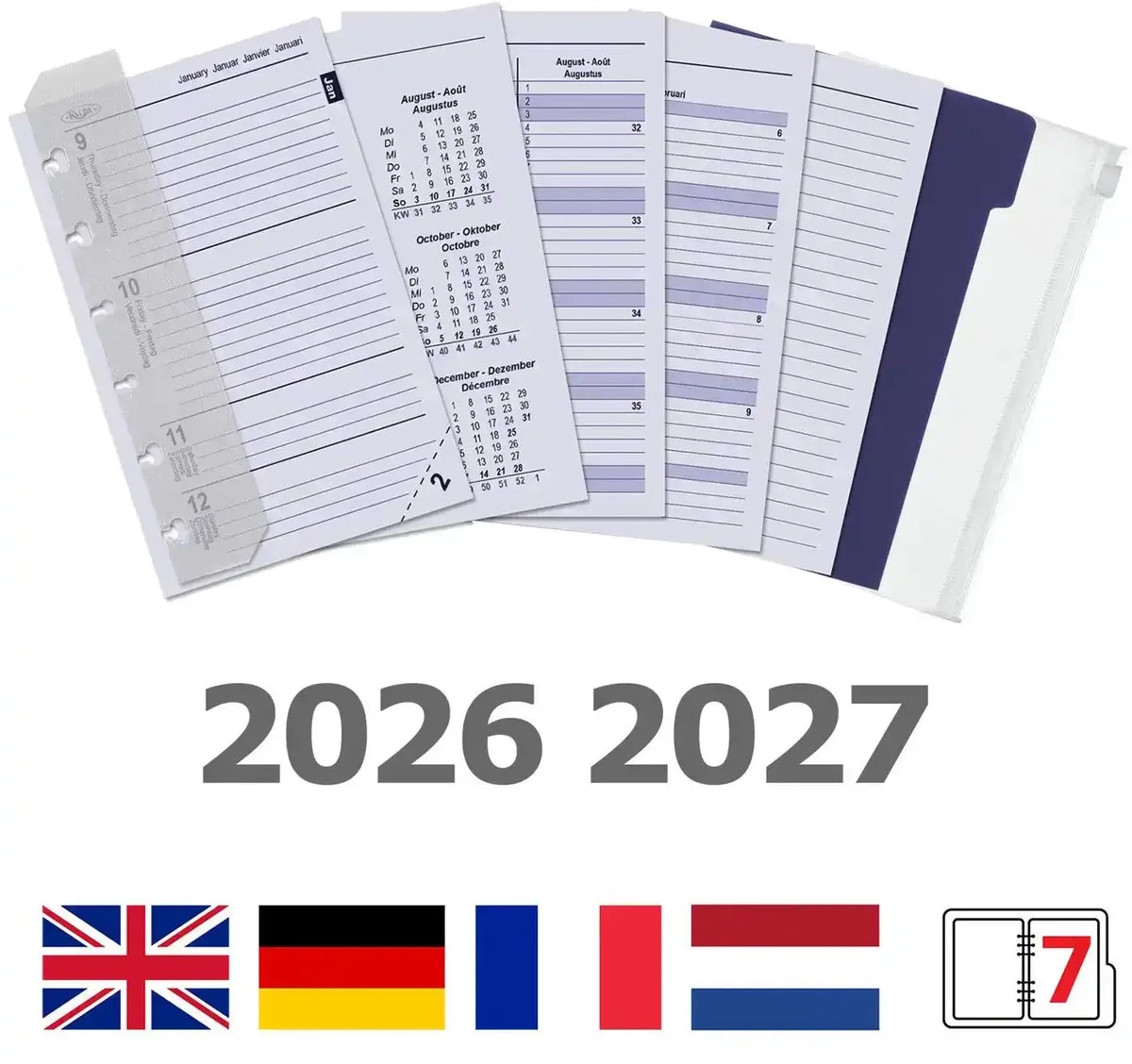 Kalpa 6336-26-27 125 x 80 mm Pocket Agendabinder Vulling 1 Week per 2 Paginas Jaardoos EN FR DE NL 2026 2027 van Kalpa in Wit – productfoto