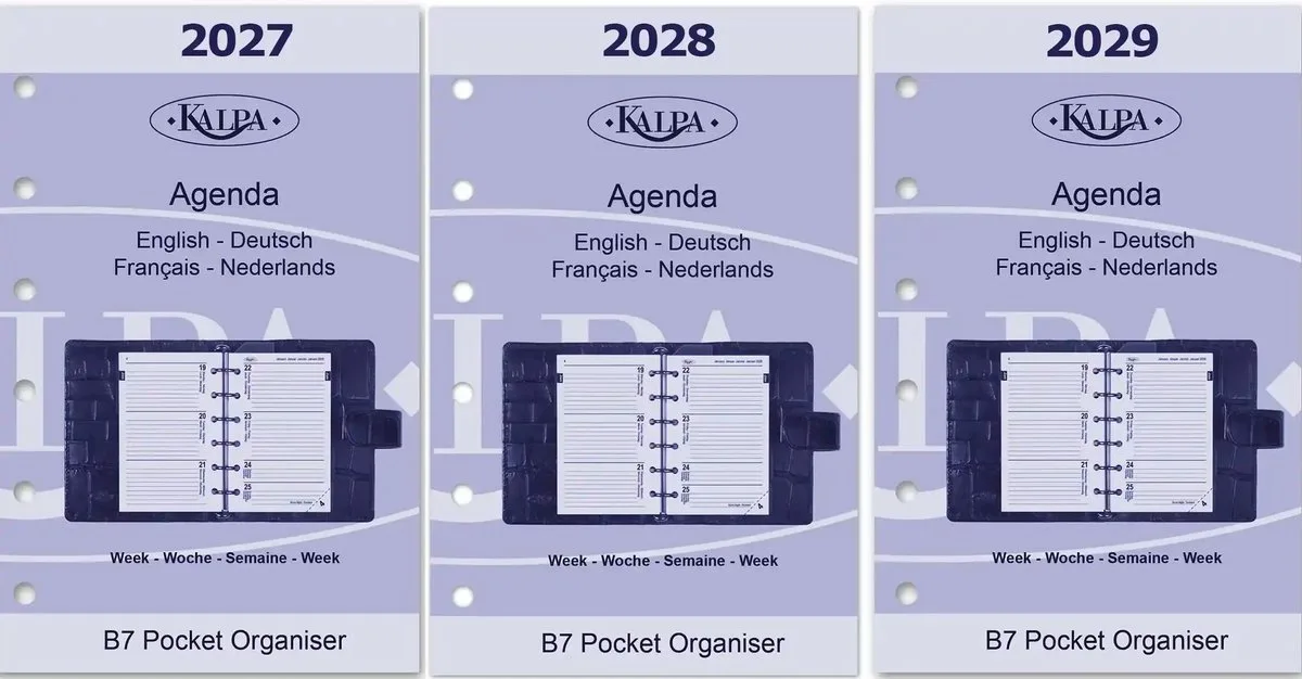 Kalpa 6336-27-28-29 Pocket-agendavulling 2027 2028 2029 – 1 week op 2 pagina's met extra's, EN/DE/FR/NL de Kalpa en Blanc – photo produit