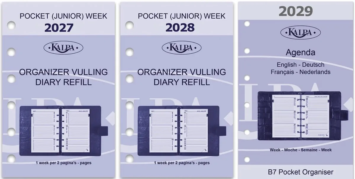 Kalpa 6337-27-28-29 Pocket-agendavulling 2027 2028 2029 – 1 week op 2 pagina's met extra's, NL/EN fra Kalpa i Hvid – produktbillede