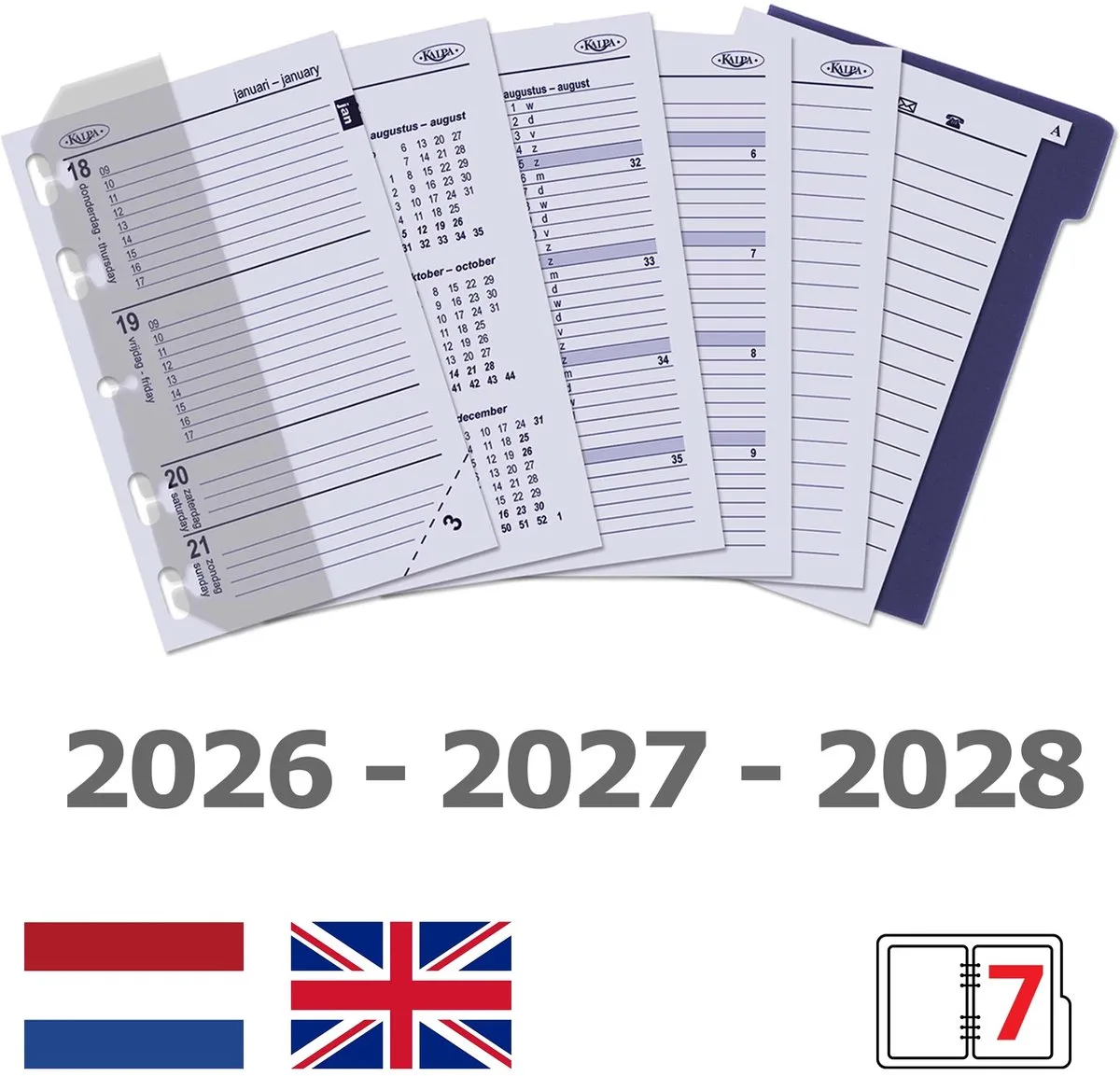 Kalpa 6347-26-27-28 104 x 68 mm mini Planner Organizer Inzetstukken Jaardoos NL 2026 2027 2028 (kopie) van Kalpa in Wit – productfoto